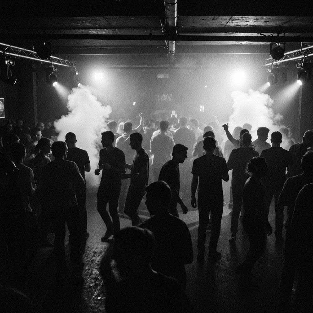 Underground club atmosphere with silhouettes dancing