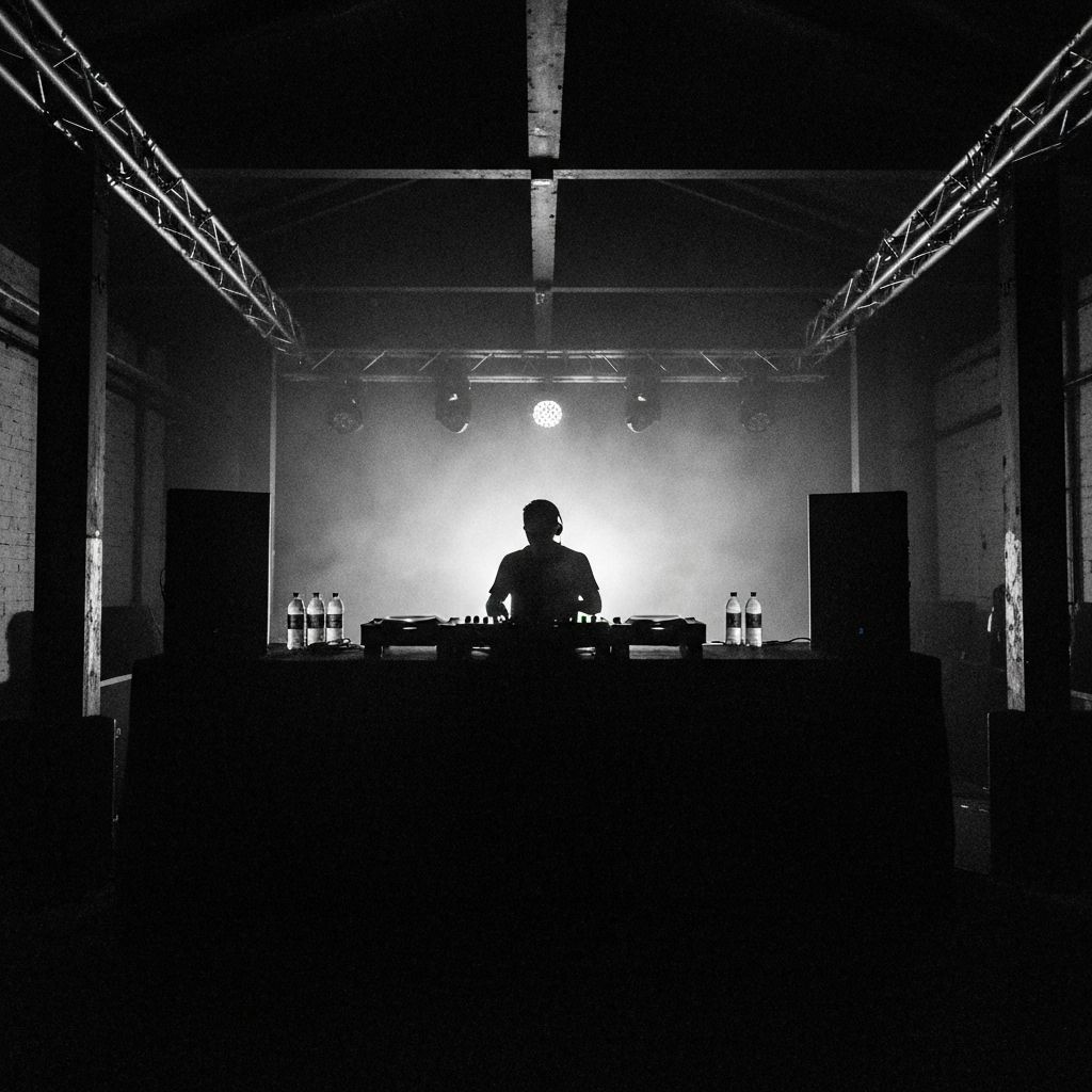 DJ booth silhouette in smoky atmosphere